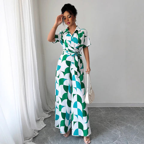 Printed short-sleeved wide-leg pants jumpsuit m301402