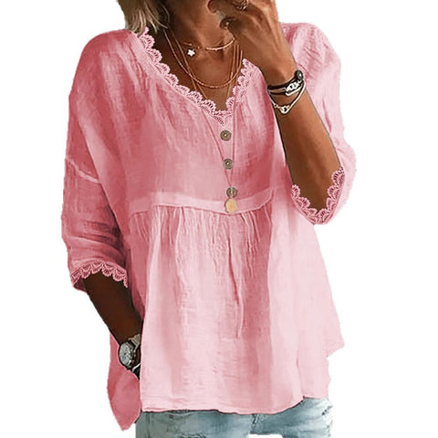 Casual seven-quarter-sleeved lace V-neck pullover multi-color women's top shirt m301420