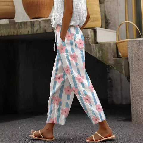 Women's pocket casual printing elastic waist trousers straight-leg trousers m301372