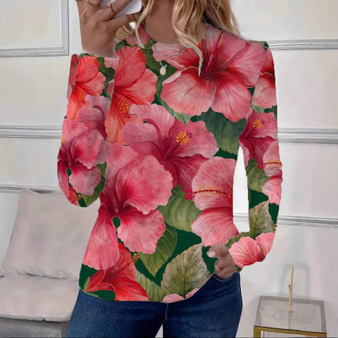Women's Loose Fashion Retro Classic Printed Crew Neck Long Sleeve T-Shirt m301237