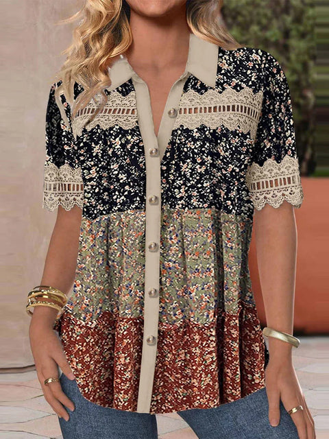 Casual shirt collar short sleeve regular cardigan digital print women's shirt m301417