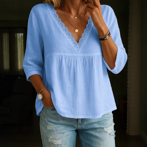 Casual seven-quarter-sleeved lace V-neck pullover multi-color women's top shirt m301442