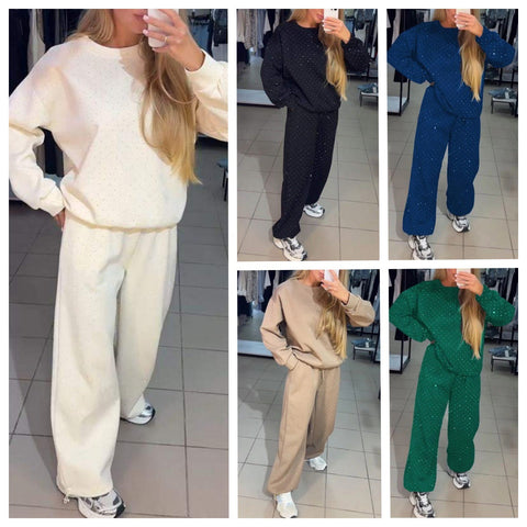 Women's casual round neck long sleeve full body hot diamond drawstring foot tie two-piece set m301499