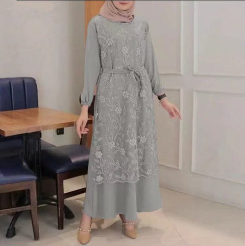 Muslim Crew Neck Lace Long Sleeve Waist Loose Long Dress Women's m301325