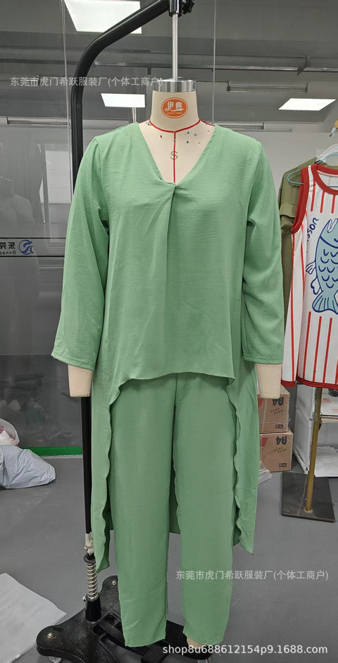 Women's summer pocket V-neck 2-piece set solid color loose women's clothing m301501