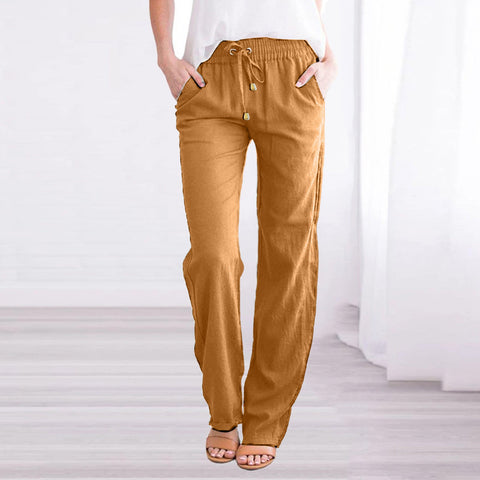 Solid color cotton and linen loose drawstring casual wide-leg trousers women's m301572
