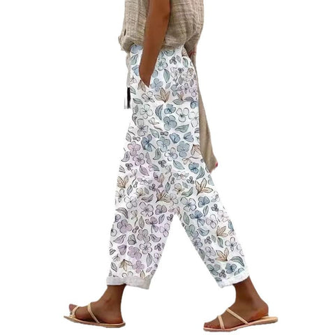 Women's pocket casual printing elastic waist trousers straight-leg trousers m301372