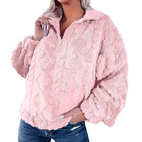 Simple solid color half zipper stand-up collar loose plush pullover m300436