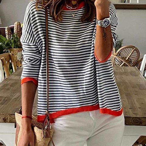 Striped Contrast Design Shoulder Long Sleeve Top m300491