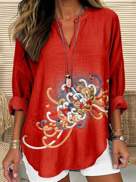 Loose 3D Printed V-Neck Shirt Long Sleeve T-Shirt m301360