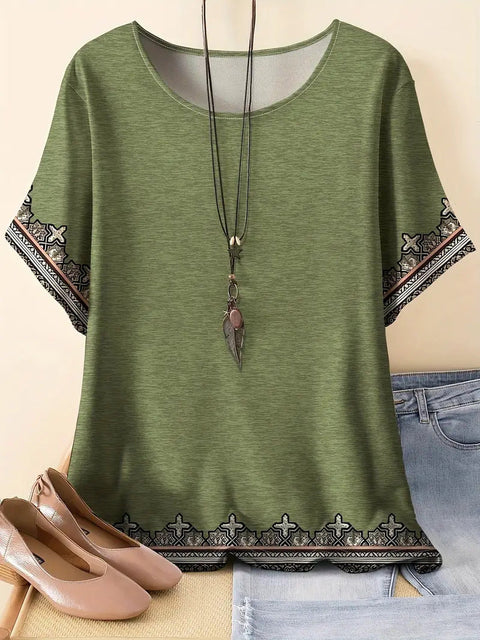 Retro printed cotton short-sleeved T-shirt early spring new versatile crew neck bottoming shirt m301287