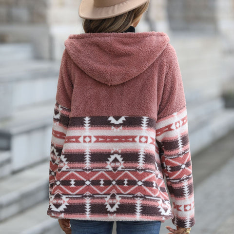 Hooded long-sleeved geometric horn buckle medium and long double-sided Austrian fleece jacket m300395