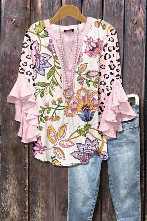 Creative floral element printing digital printing casual trend V-neck lotus edge T-shirt m301358