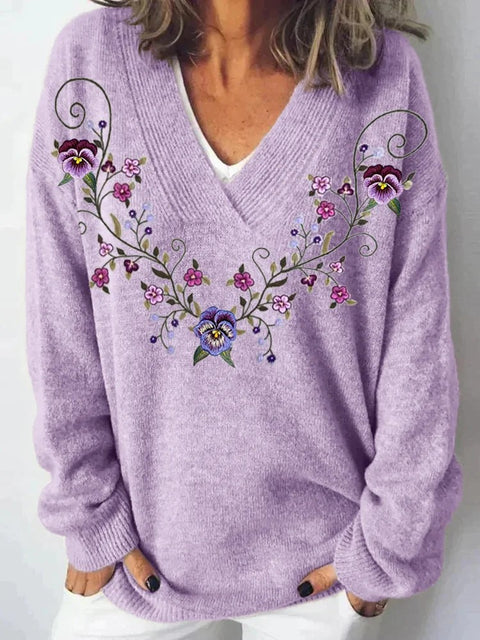 Autumn and winter imitation sweater printing foreign trade new women's pullover V-neck casual fashion long-sleeved top m302113