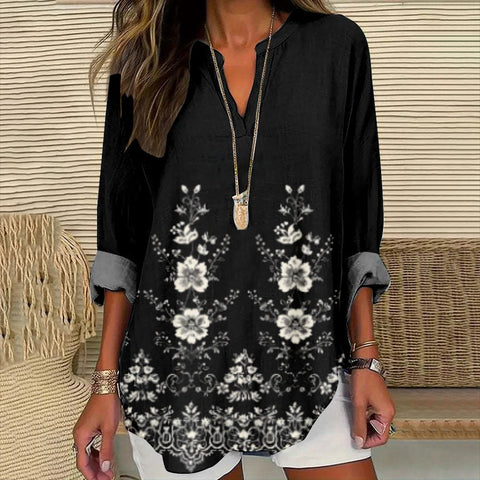 Loose 3D Printed V-Neck Shirt Long Sleeve T-Shirt m301360