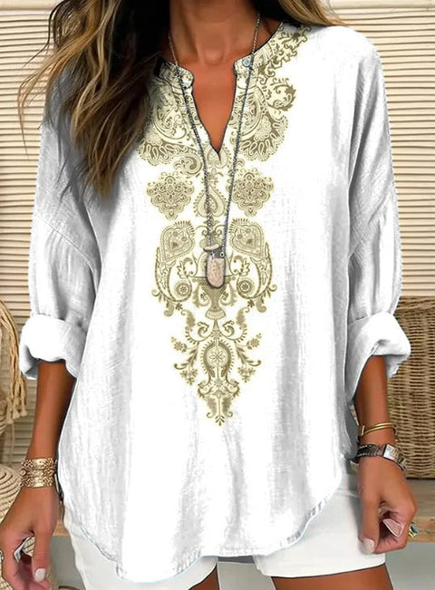 Loose 3D Printed V-Neck Shirt Long Sleeve T-Shirt m301360