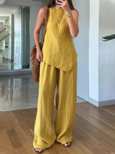 Casual round neck pullover sleeveless plus pocket trousers cotton multi-color m301437