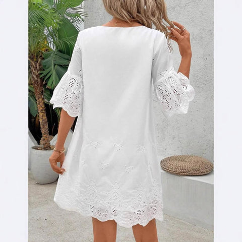 Hollow embroidery fashion casual lace v-neck five-quarter sleeve dress m301469