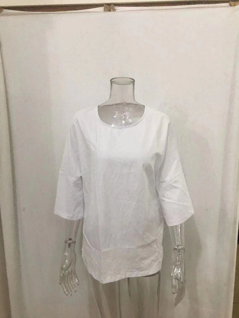 Split sleeved round neck cotton linen shirt top m300053