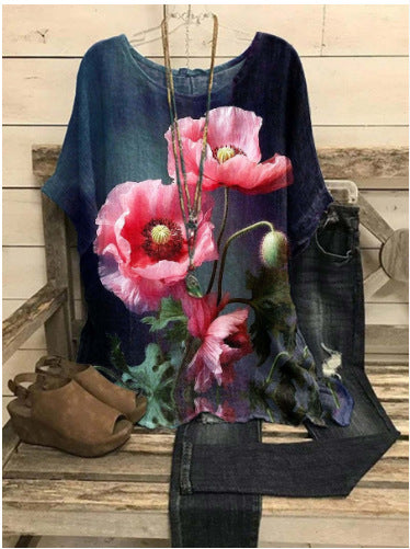 Loose round neck short-sleeved cotton and linen top women's m301281