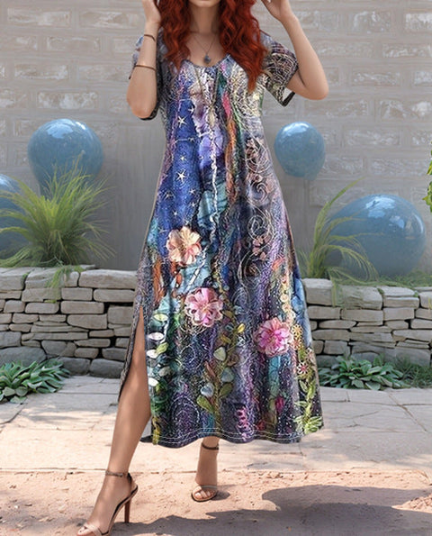 Casual loose printing women's medium-sleeved V-neck ethnic style dress m301203