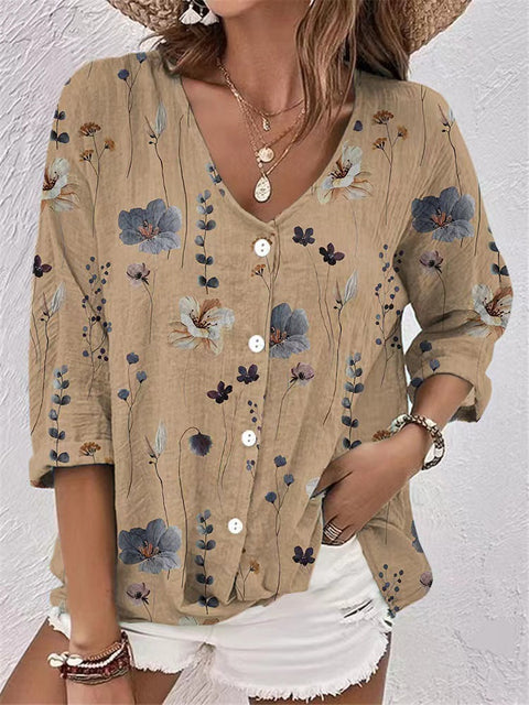Women's V-neck button chiffon printed cardigan long sleeve m300014
