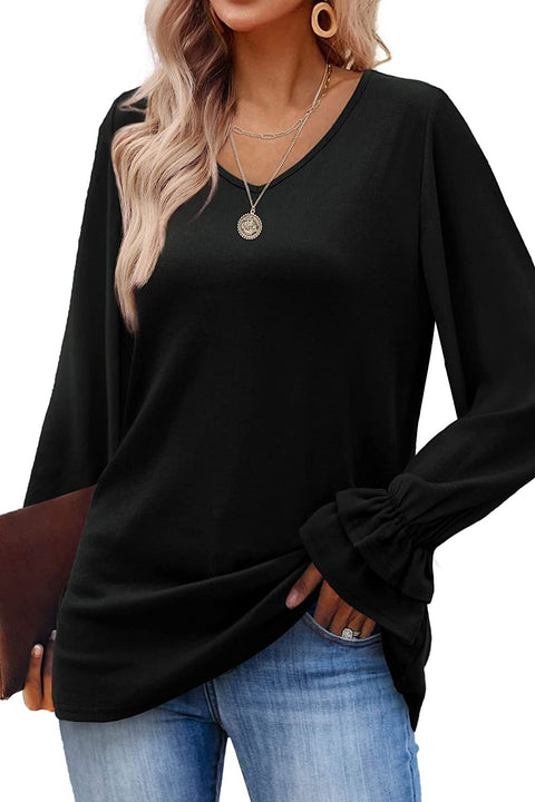 New flared sleeve long sleeve solid color t-shirt top m300552