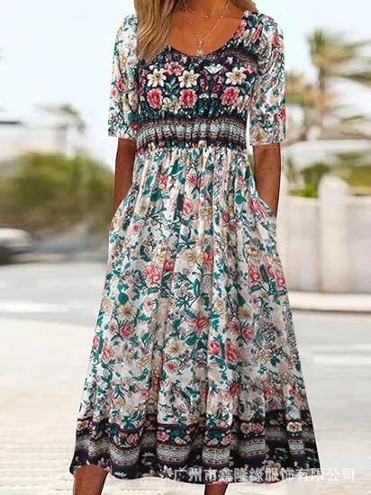 Ladies Casual Crew Neck Pullover Short Sleeve 3D Printing Pleated Waist Swing Long Dress Dress m301299