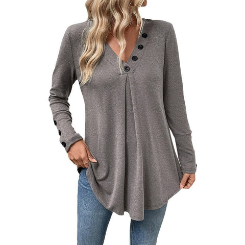 Autumn casual top medium and long v-neck solid color long-sleeved t-shirt women's m300796