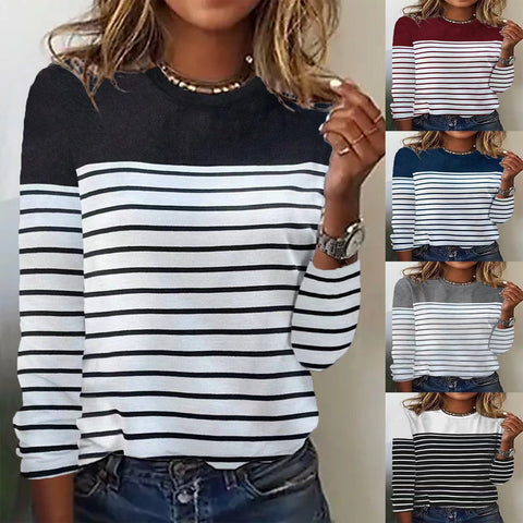 Long Sleeve Striped Two-Color Printed Splicing Crew Neck Top T-Shirt m300892