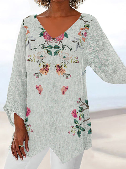 Women's printed animal natural scenery V-neck nine-quarter sleeve loose T-shirt m301289