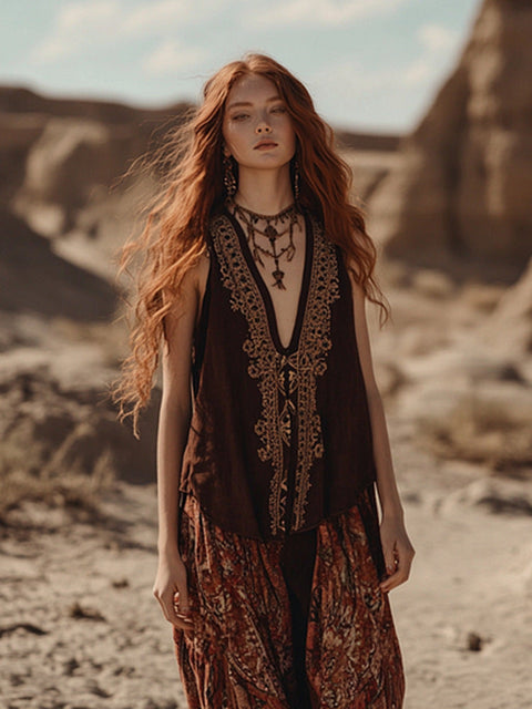 Plant flower print V-neck ethnic tribal vest top m301533