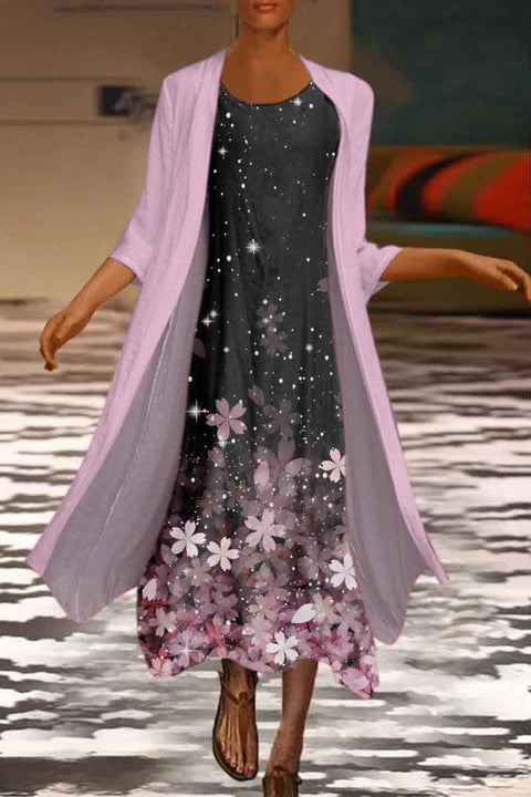 New women's long dress two-piece set flower and grass print crew neck dress m301251