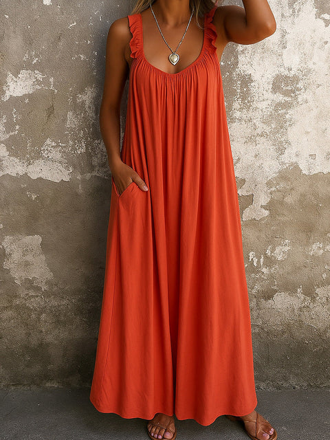 Casual suspender U-neck regular pleated multi-color women's dress m301443