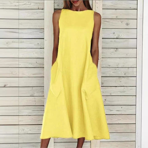 round Neck Sleeveless Double Pocket Dress M300157