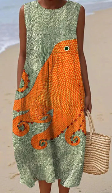 New sleeveless casual printing temperament long dress dress slim fit small fresh casual dress m301521