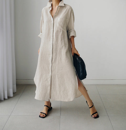 knee-length split-ended outer cotton and linen shirt solid color dress m300698