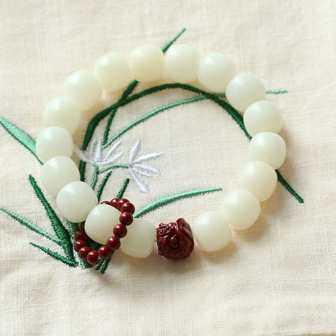 Natural White Jade Bodhi Root Bucket Bead Bracelet Cinnabar Awakening Lion Handheld Disc String Hand Play Bracelet Female Finger Soft Running Ring m3331301