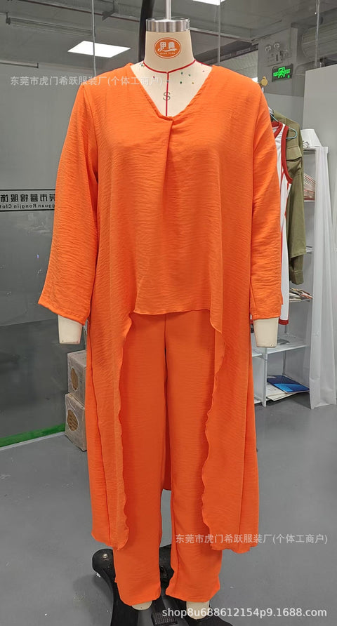 Women's summer pocket V-neck 2-piece set solid color loose women's clothing m301501