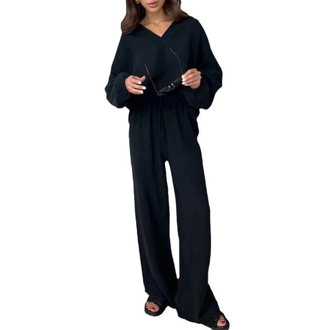 Elegant women's casual loose suit women's long-sleeved top + drawstring trousers suit autumn lapel two-piece set m301184