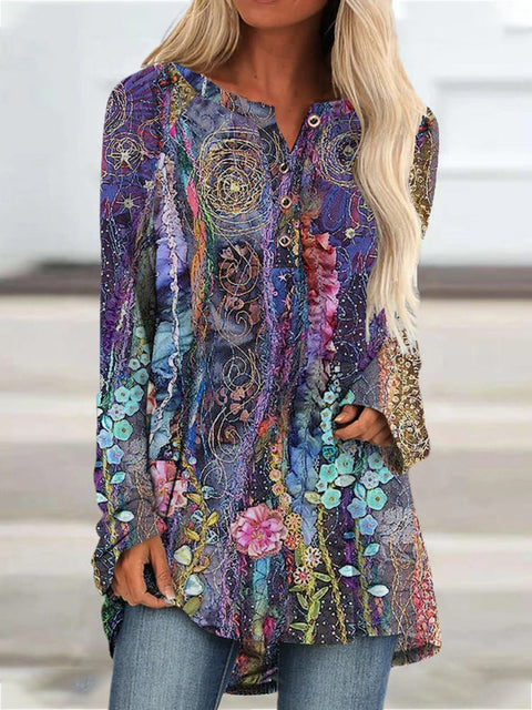 Fashion Women's Long Sleeve Small V-Neck Flower Print T m301559