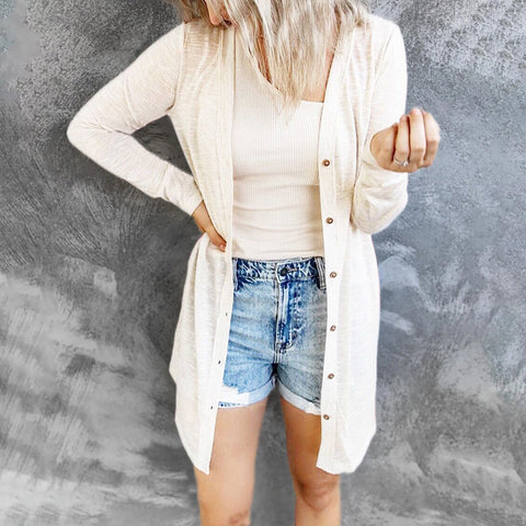 Long button solid color casual long sleeved cardigan women's m300020