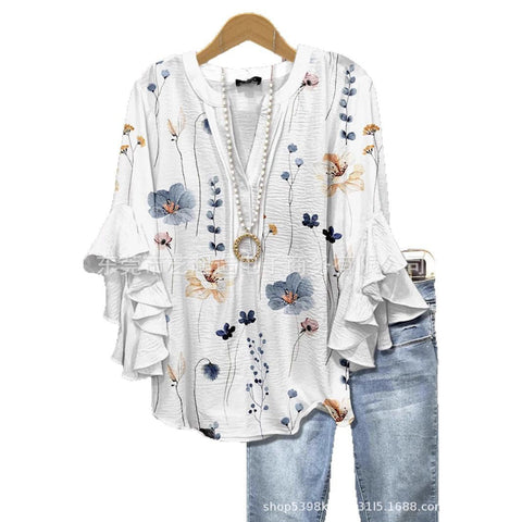 Creative floral element printing digital printing casual trend V-neck lotus edge T-shirt m301352