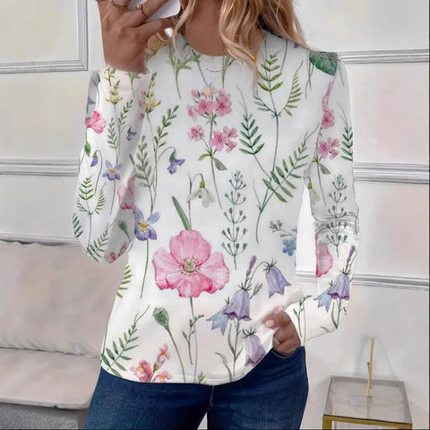 Women's Loose Fashion Retro Classic Printed Crew Neck Long Sleeve T-Shirt m301237