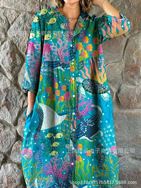 Women's Loose Crew Neck Fashion Premium Long Sleeve Printed Shirt Dress m301050