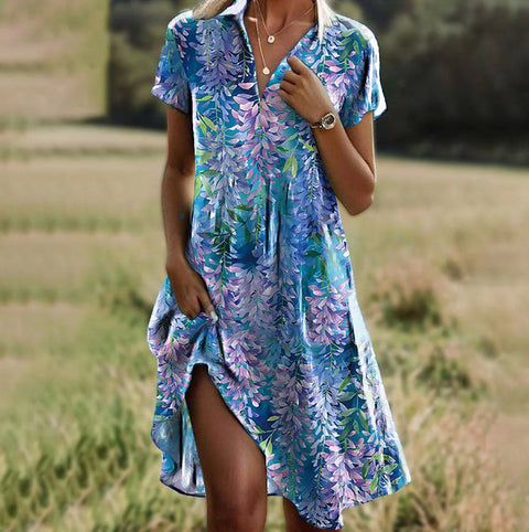 Crew neck short sleeve long dress bohemian print dress m300908