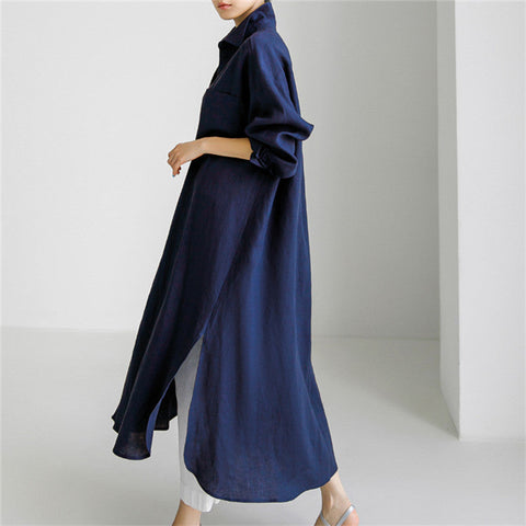 knee-length split-ended outer cotton and linen shirt solid color dress m300698