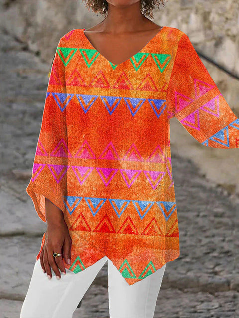 Women's printed animal natural scenery V-neck nine-quarter sleeve loose T-shirt m301289