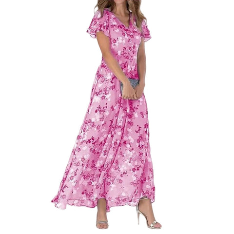 Big pendulum long dress V-neck short-sleeved printed chiffon dress m301544