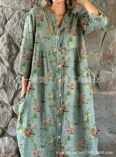 Women's Loose Crew Neck Fashion Premium Long Sleeve Printed Shirt Dress m301050